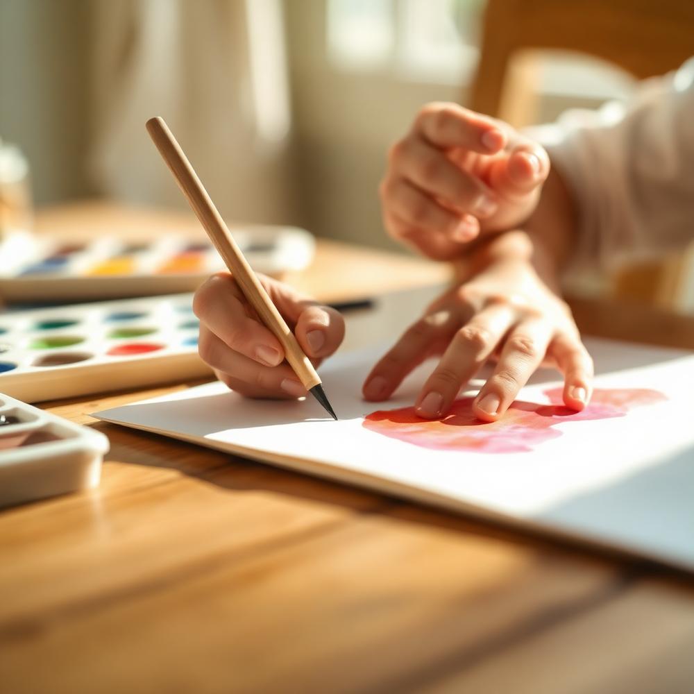 Mãos de criança pintando com aquarela