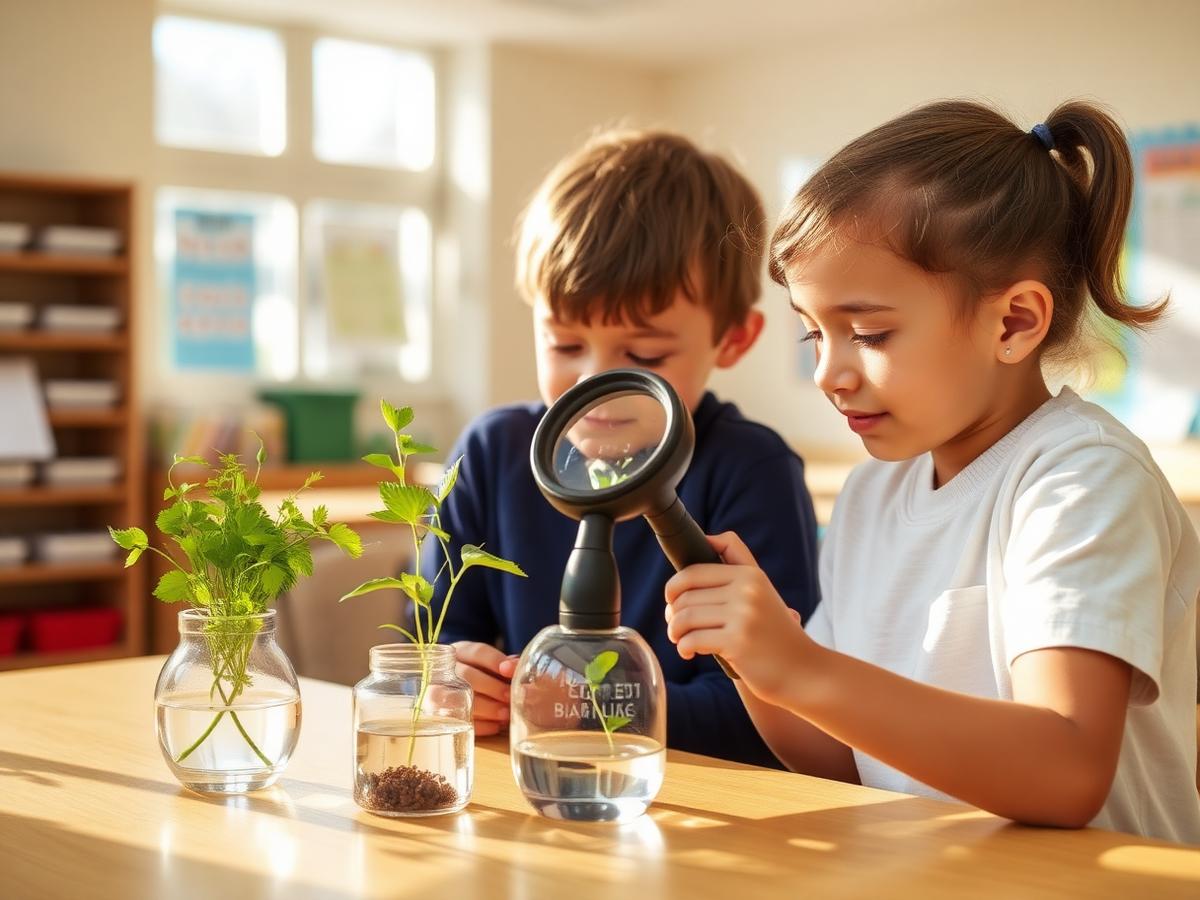 Duas crianças observando plantas com uma lupa